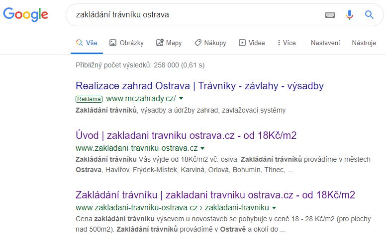 Google SERP - pozice stránek na dané klíčové slovo Google SERP - pozice stránek na dané klíčové slovo